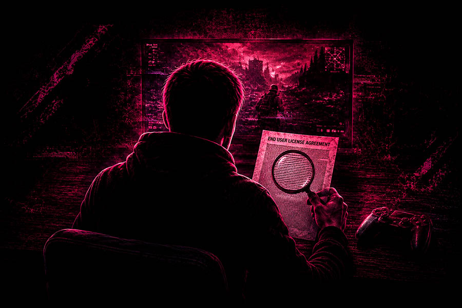 Gamer struggling to read corporate fine print with a magnifying glass
