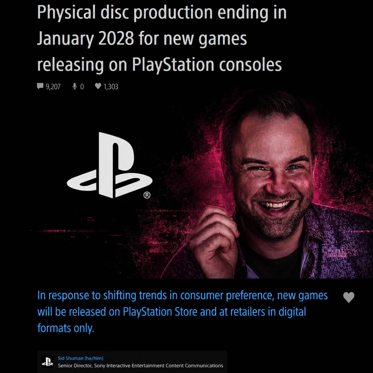 Official PlayStation Blog announcement on the end of physical disc production for new PlayStation games