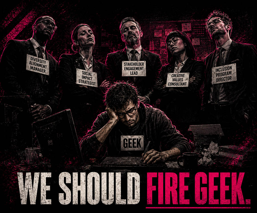 Satirical illustration of a game developer called Geek surrounded by corporate departments