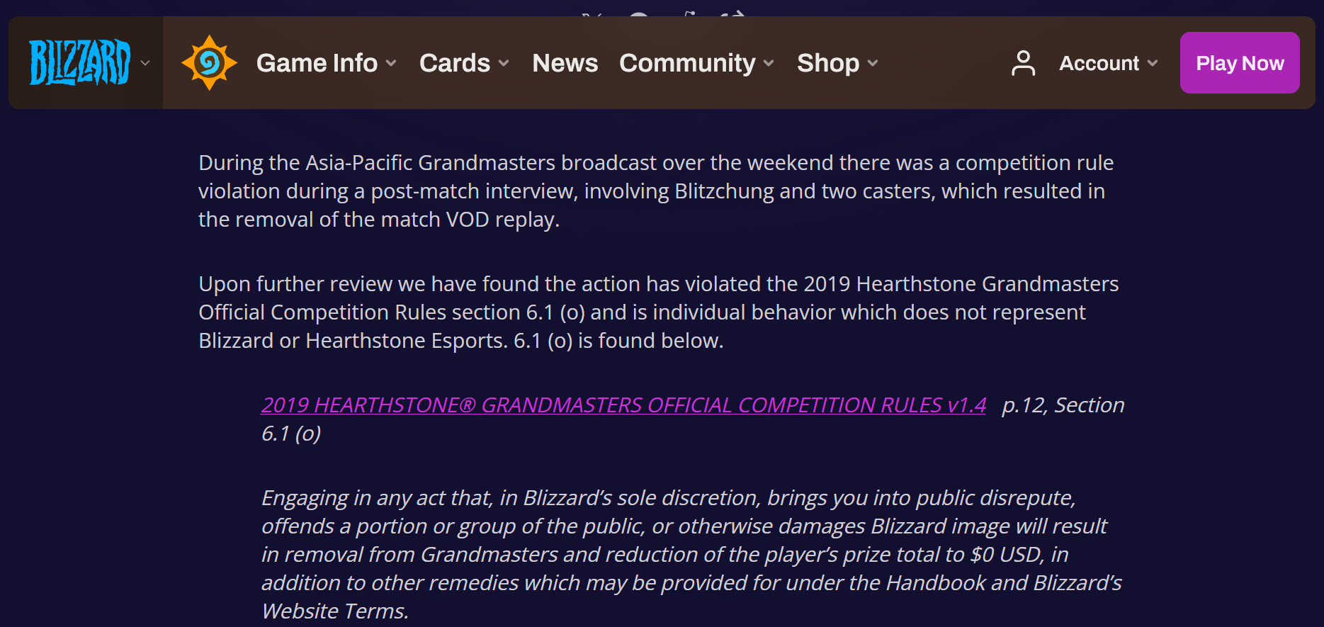 Official Blizzard statement regarding the suspension of Hearthstone player Blitzchung
