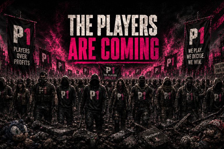 A faceless army of gamers marches through a dystopian gaming world, carrying Player 1 banners above the words “The Players Are Coming.”