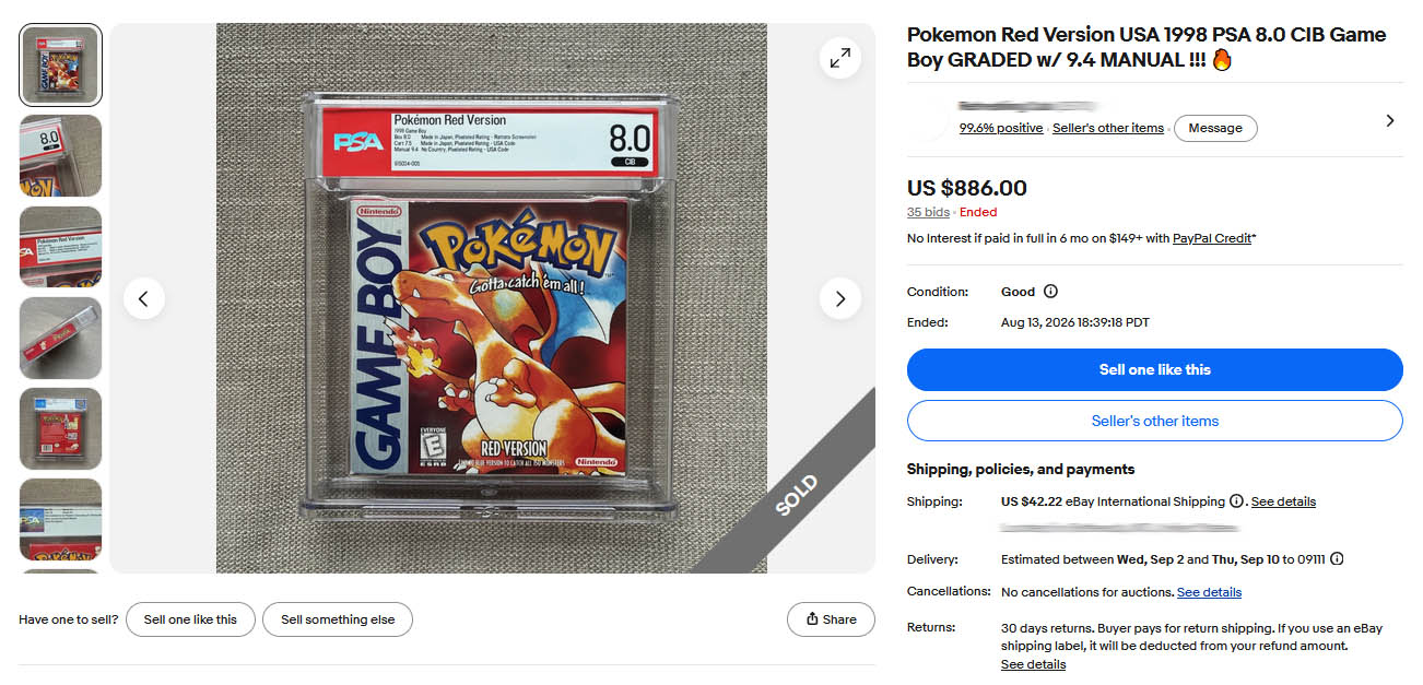 eBay sold listing for a complete-in-box Pokémon Red