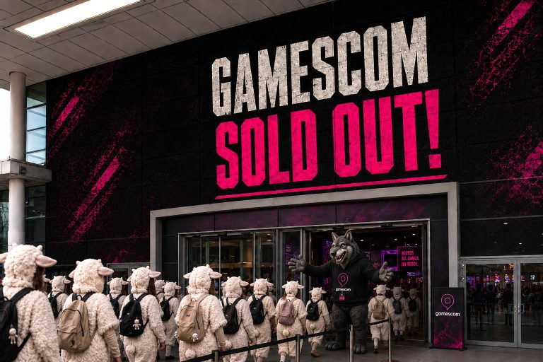 Gamescom entrance in Cologne with the slogan "Gamescom Sold Out", showing a line of sheep being let inside by a wolf.