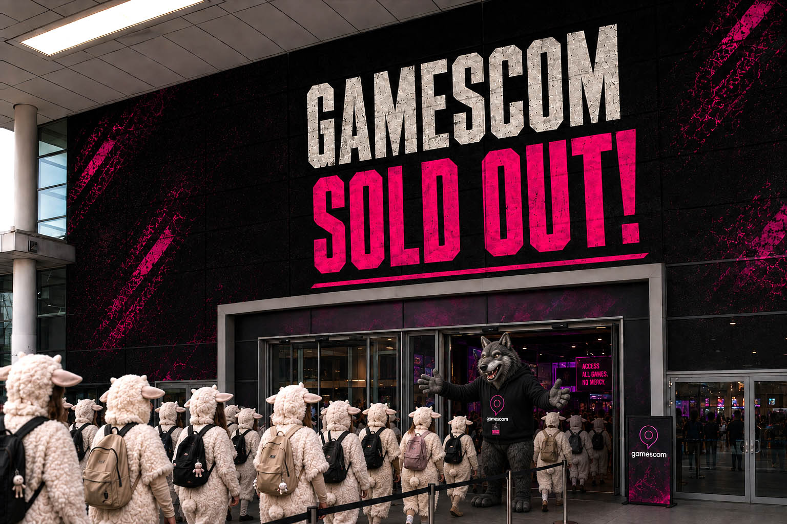 Gamescom entrance in Cologne with the slogan "Gamescom Sold Out", showing a line of sheep being let inside by a wolf.