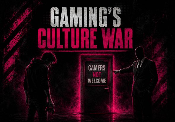 Gamer holding a controller confronted by a faceless corporate executive outside a closed door marked Gamers Not Welcome