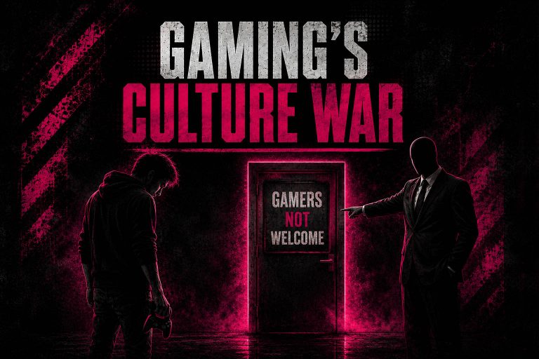 Gamer holding a controller confronted by a faceless corporate executive outside a closed door marked Gamers Not Welcome