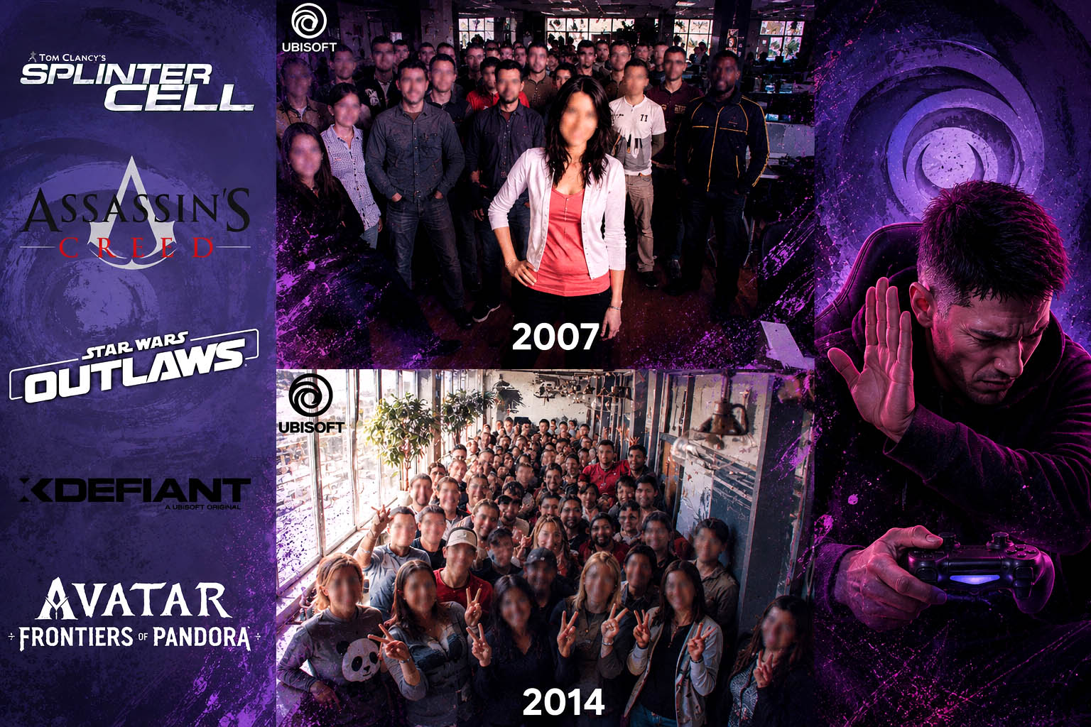A comparison of the Ubisoft development team from 2007 to 2014, showcasing Ubisoft gaming IPs and a gamer rejecting them.