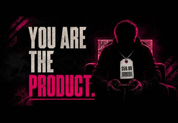 Thumbnail of a player wearing a price tag while gaming, with an article headline stating, 'You are the product'.