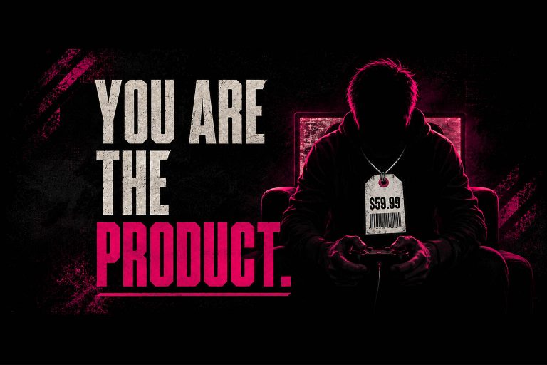 Thumbnail of a player wearing a price tag while gaming, with an article headline stating, 'You are the product'.