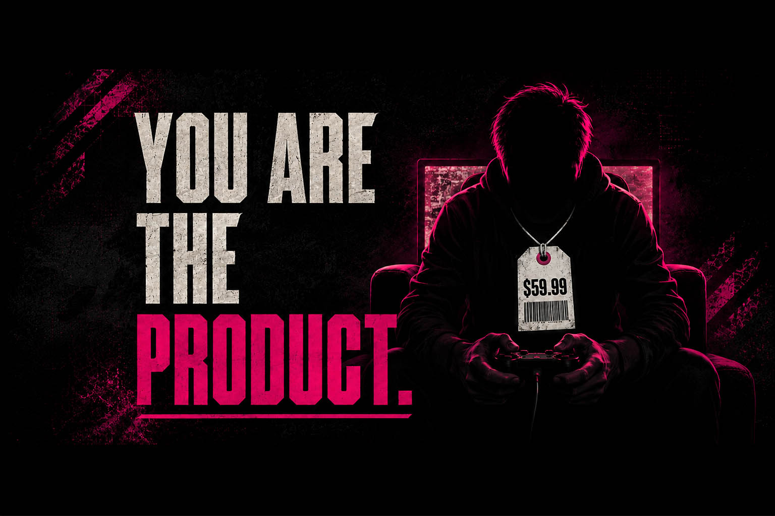 Thumbnail of a player wearing a price tag while gaming, with an article headline stating, 'You are the product'.