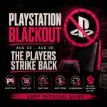 PlayStation Blackout announcement graphic with “DON’T PLAY,” “DON’T BUY,” “DON’T SHOP,” “DON’T SPEND,” and “NO SUBSCRIPTIONS”
