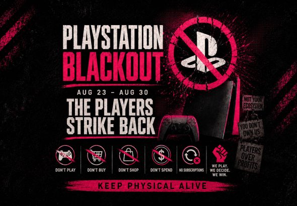PlayStation Blackout announcement graphic with “DON’T PLAY,” “DON’T BUY,” “DON’T SHOP,” “DON’T SPEND,” and “NO SUBSCRIPTIONS”