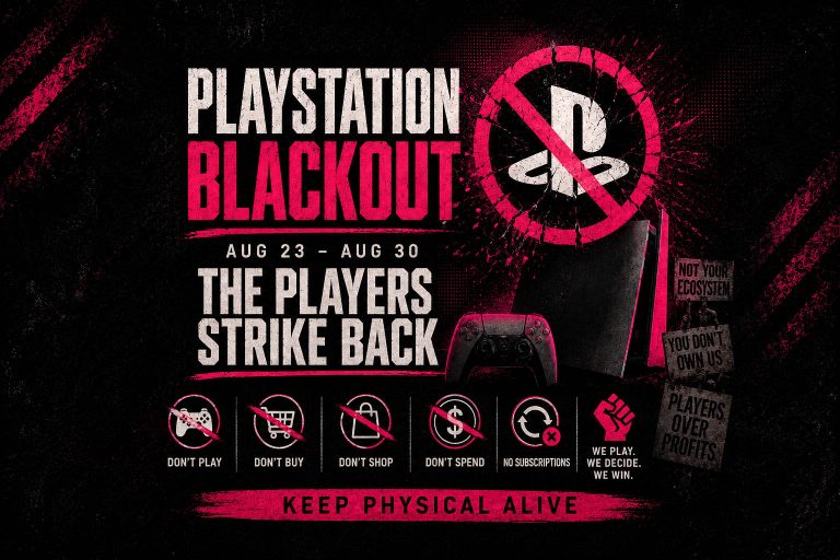 PlayStation Blackout announcement graphic with “DON’T PLAY,” “DON’T BUY,” “DON’T SHOP,” “DON’T SPEND,” and “NO SUBSCRIPTIONS”