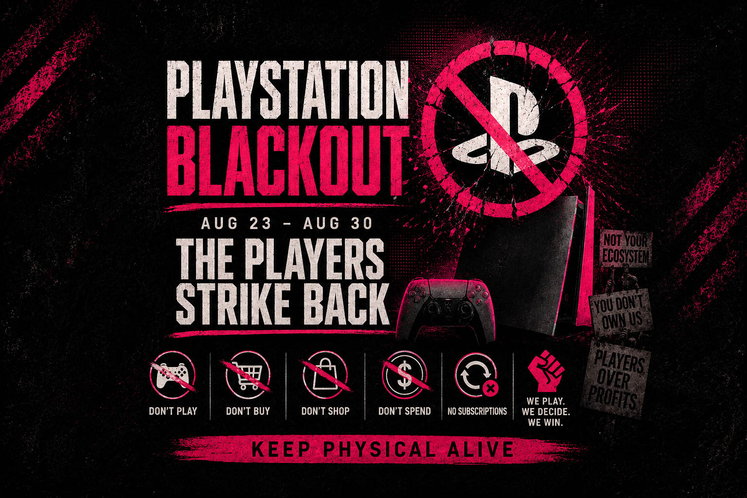 PlayStation Blackout announcement graphic with “DON’T PLAY,” “DON’T BUY,” “DON’T SHOP,” “DON’T SPEND,” and “NO SUBSCRIPTIONS”