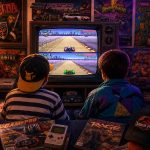 Two '90s kids sitting in their room playing games on a console