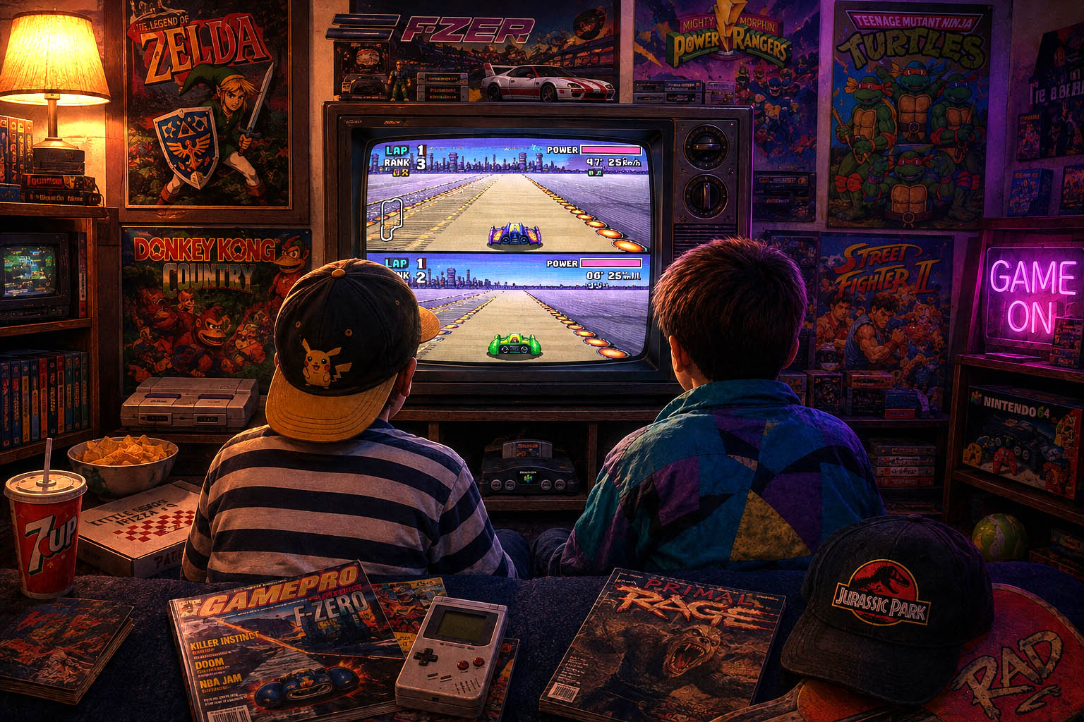 Two '90s kids sitting in their room playing games on a console
