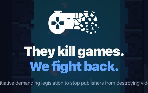 Stop Killing Games Initiative img with fading controller icon and text stating 'They kill games. We fight back.'